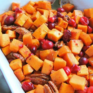 Honey Roasted Butternut Squash with Cranberries & Pecans and ginger, the perfect holiday Fall side dish for Thanksgiving or Christmas
