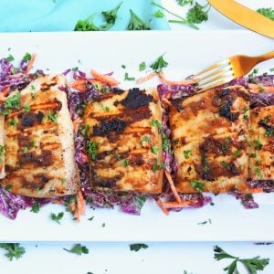 Grilled Ginger Peanut Glazed Mahi-Mahi with Jalapeno Peanut Butter Slaw beautifuleatsandthings.com