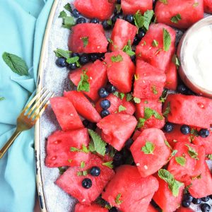 Minty Watermelon Blueberry Salad with fresh mint and vanilla Greek yogurt