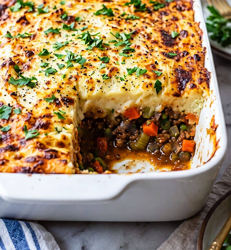 shepherd's pie in a white casserole dish topped with fresh chopped parsley
beautifuleatsandthings.com
