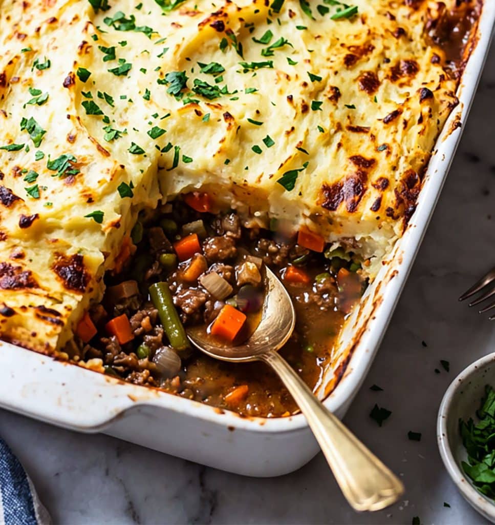 shepherd's pie in a white casserole dish topped with fresh chopped parsley
beautifuleatsandthings.com