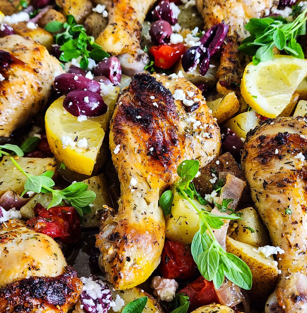 Sheet Pan Greek Chicken & Potatoes on a gold sheet pan. Easy weeknight meals for busy moms
beautifuleatsandthings.com