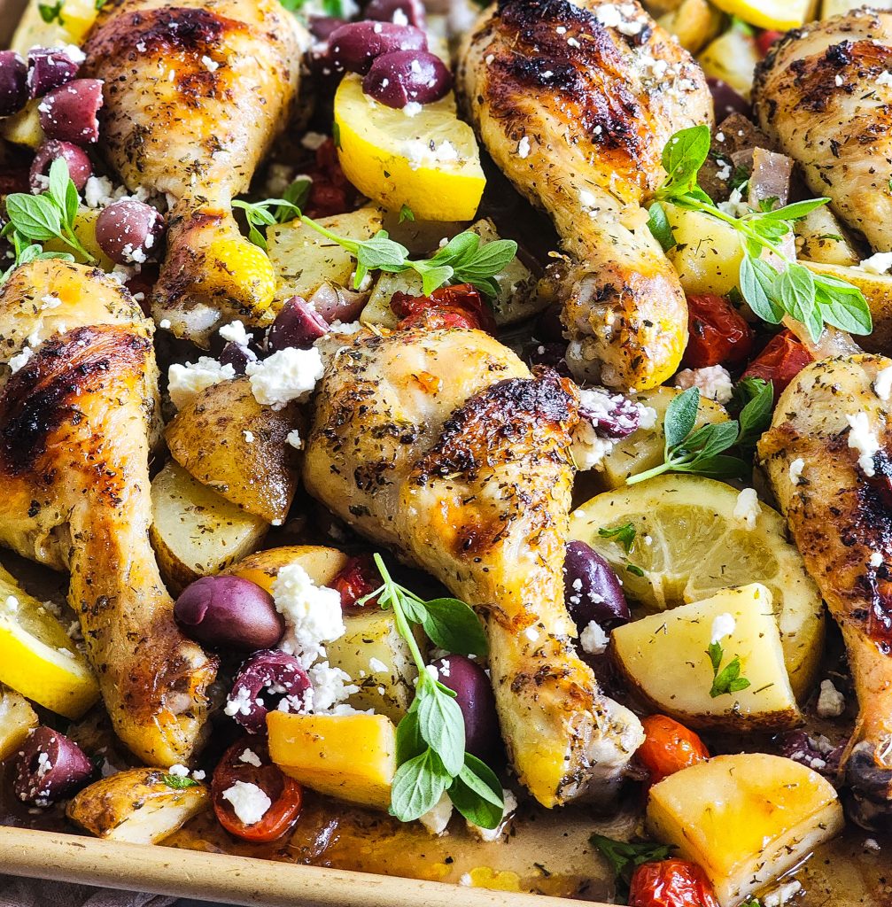 Sheet Pan Greek Chicken & Potatoes on a gold sheet pan. Easy weeknight meals for busy moms
beautifuleatsandthings.com