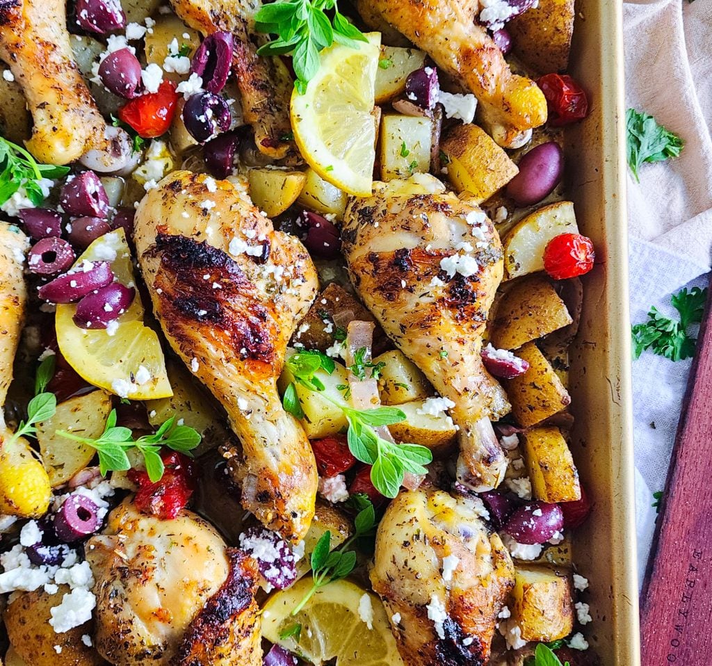 Sheet Pan Greek Chicken & Potatoes on a gold sheet pan. Easy weeknight meals for busy moms
beautifuleatsandthings.com