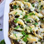Philly Cheesesteak Stuffed Shells made for Under $20, cheap budget-friendly healthy meals from a dietitian beautifuleatsandthings.com