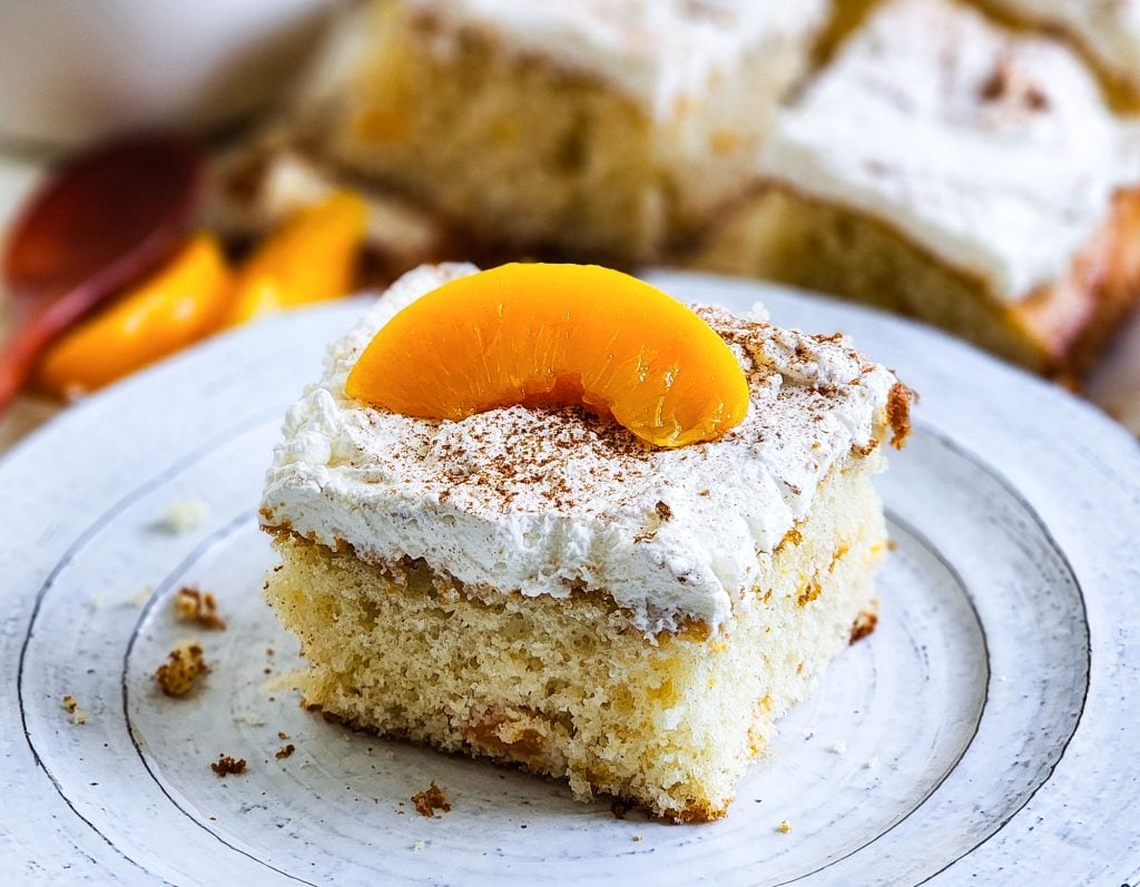 Light & Fluffy Peach Cake made with cake mix and whipped cream frosting and canned peaches
beautifuleatsandthings.com