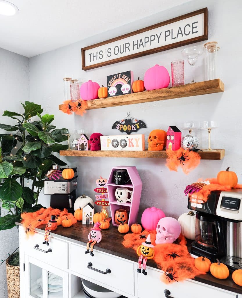 Groovy Halloween Coffee Bar or Boo Bar decorated with pink, orange, and purple bold colors
beautifuleatsandthings.com