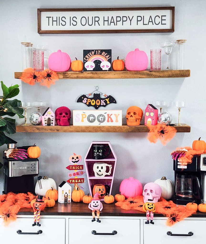 Groovy Halloween Coffee Bar or Boo Bar decorated with pink, orange, and purple bold colors
beautifuleatsandthings.com