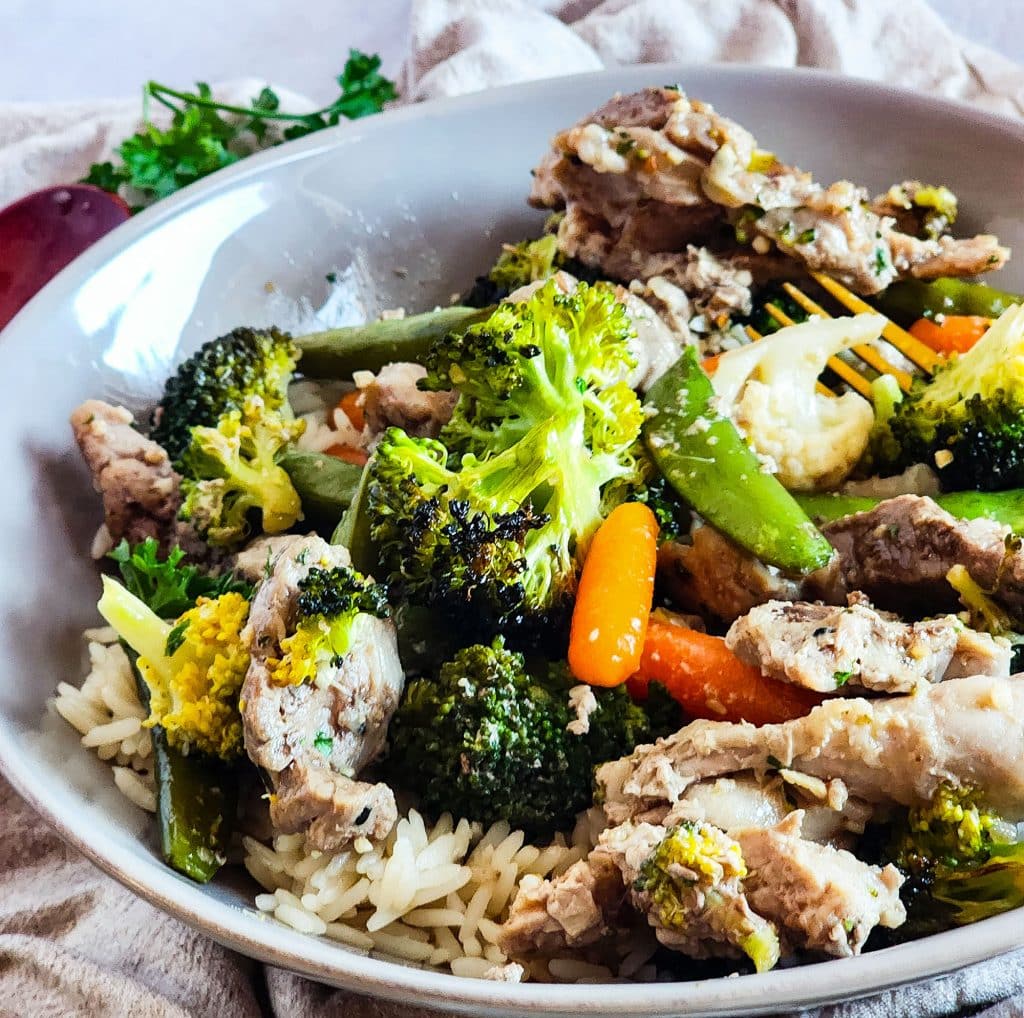 sheet pan pork loin and vegetables with a honey garlic sauce, easy healthy dinner recipes
beautifuleatsandthings.com