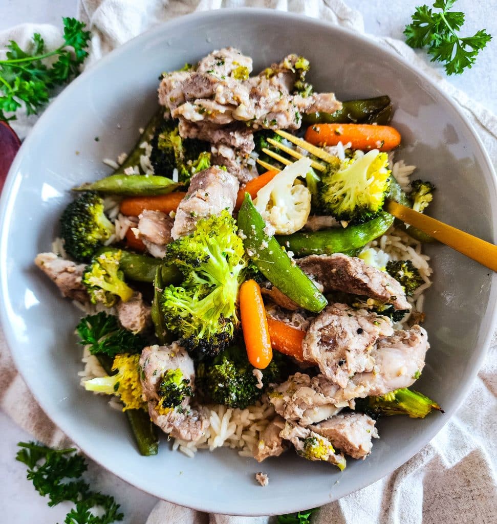 sheet pan pork loin and vegetables with a honey garlic sauce, easy healthy dinner recipes
beautifuleatsandthings.com