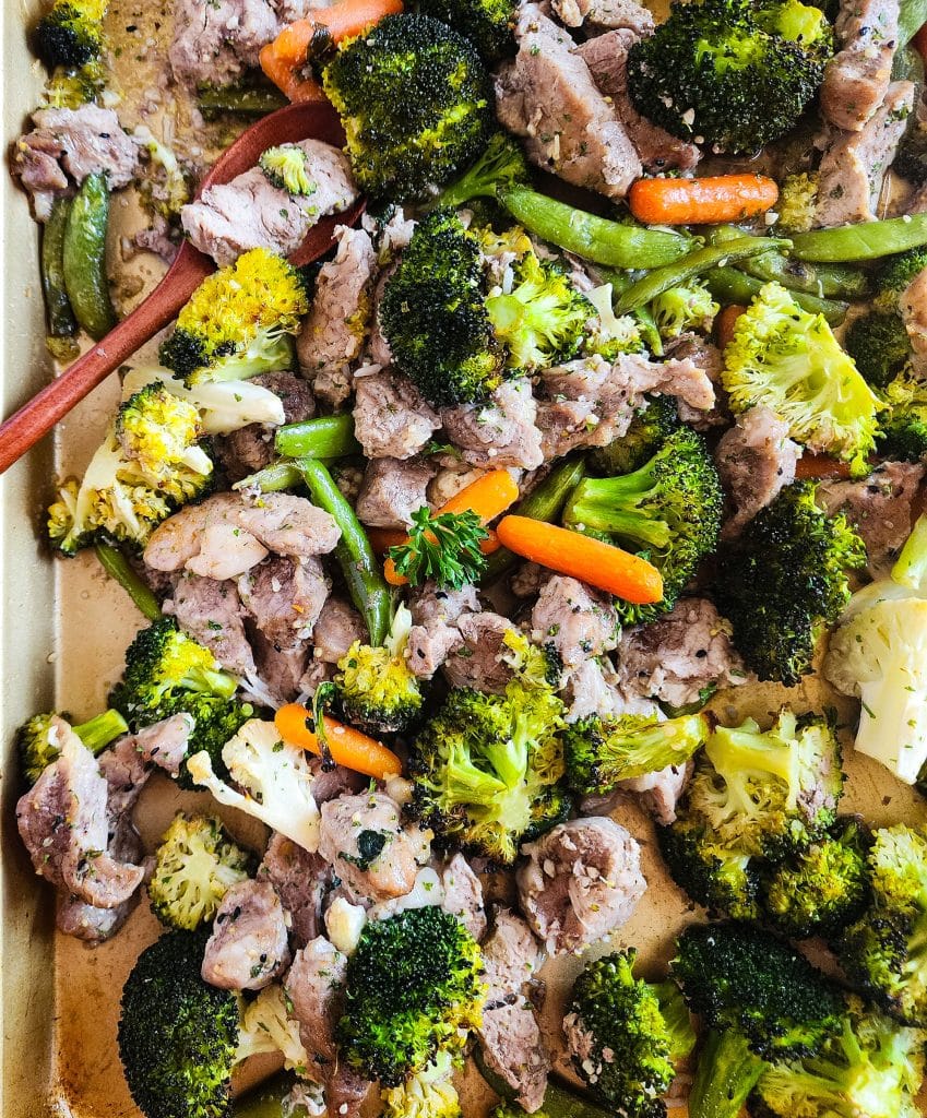 sheet pan pork loin and vegetables with a honey garlic sauce, easy healthy dinner recipes beautifuleatsandthings.com