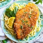 Crispy Fried Parmesan Crusted Chicken with Lemon Butter Basil Pasta on a blue plate, easy dinner meals beautifuleatsandthings.com