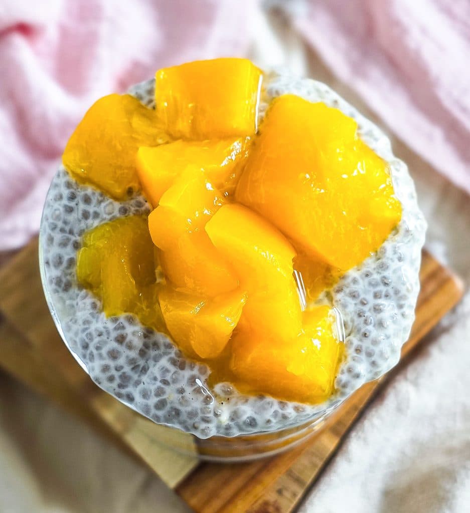 Peaches & Cream Chia Pudding in a glass layered with diced peaches, healthy breakfast
beautifuleatsandthings.com