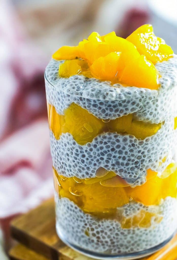 Peaches & Cream Chia Pudding in a glass layered with diced peaches, healthy breakfast
beautifuleatsandthings.com