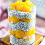 Peaches & Cream Chia Pudding in a glass layered with diced peaches, healthy breakfast beautifuleatsandthings.com