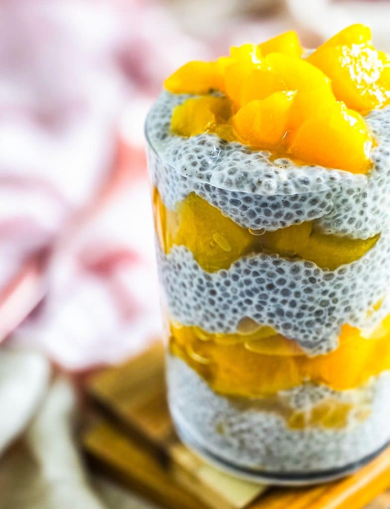 Peaches & Cream Chia Pudding in a glass layered with diced peaches, healthy breakfast
beautifuleatsandthings.com