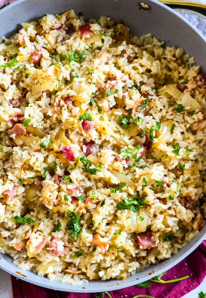Caramelized Onion & Bacon Rice, budget-friendly recipe, southern side dish
beautifuleatsandthings.com
