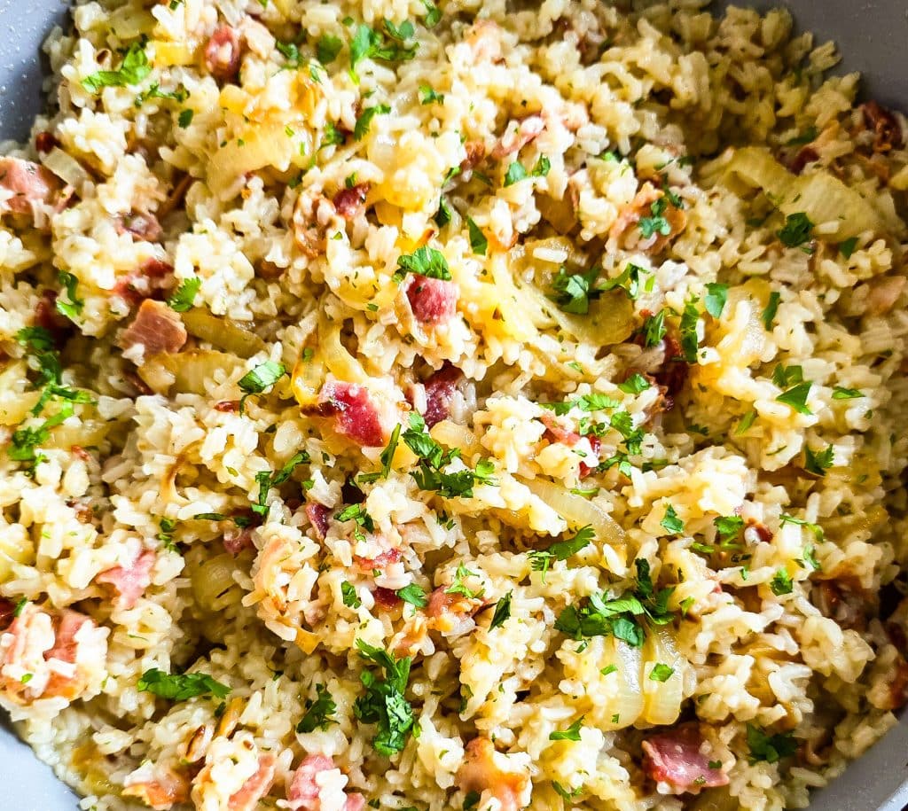 Caramelized Onion & Bacon Rice, budget-friendly recipe, southern side dish
beautifuleatsandthings.com