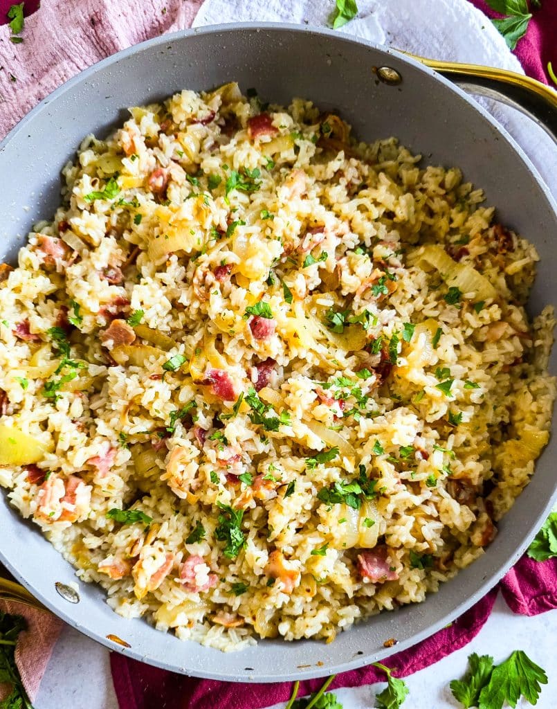 Caramelized Onion & Bacon Rice, budget-friendly recipe, southern side dish
beautifuleatsandthings.com