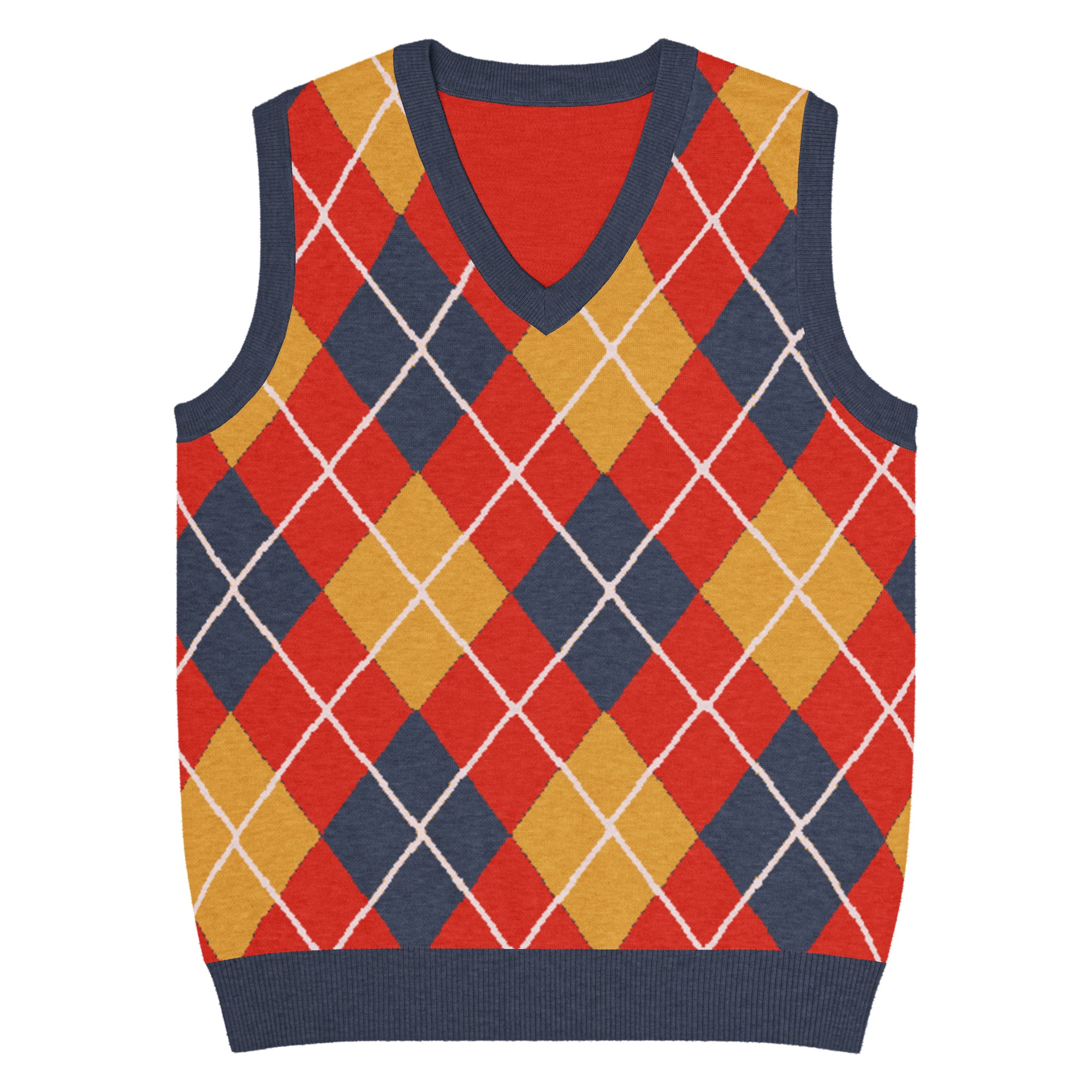 Argyle Knit V-Neck Vest in Red Navy & Mustard - Image 11