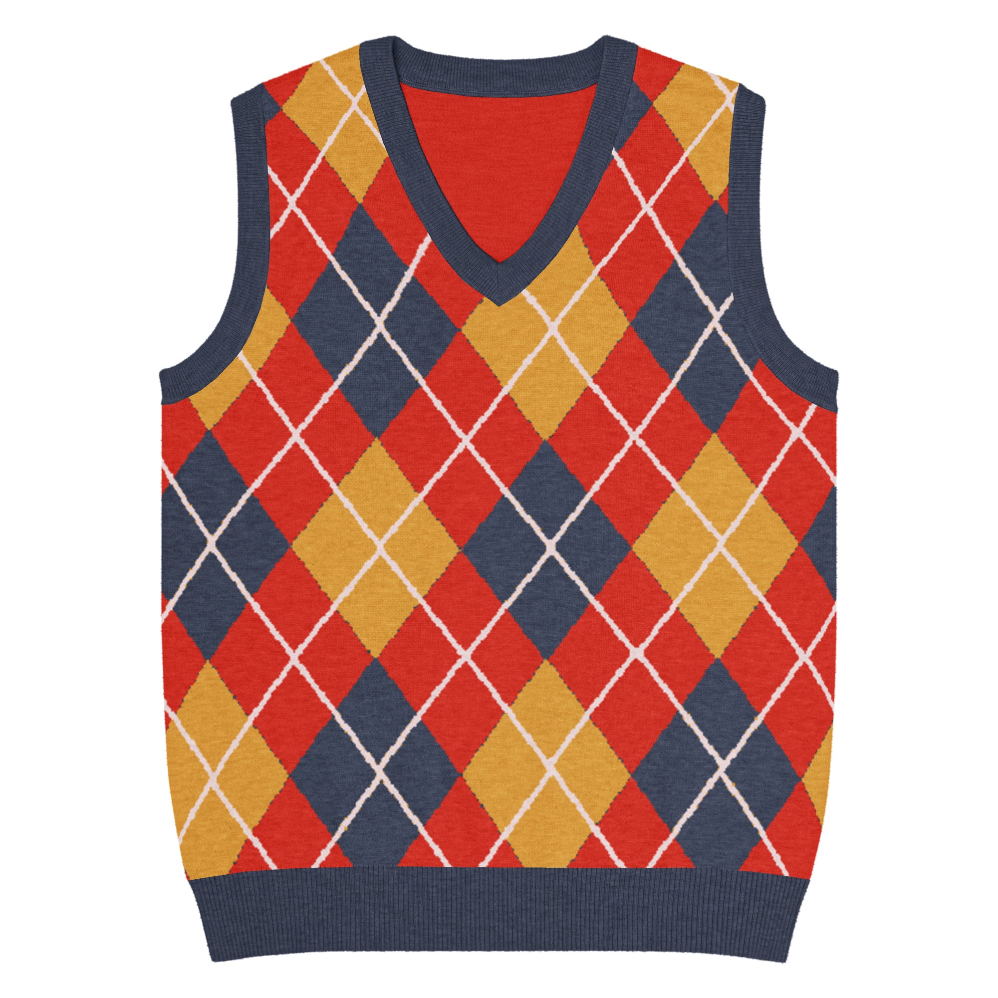 Argyle Knit V-Neck Vest in Red Navy & Mustard - Image 13