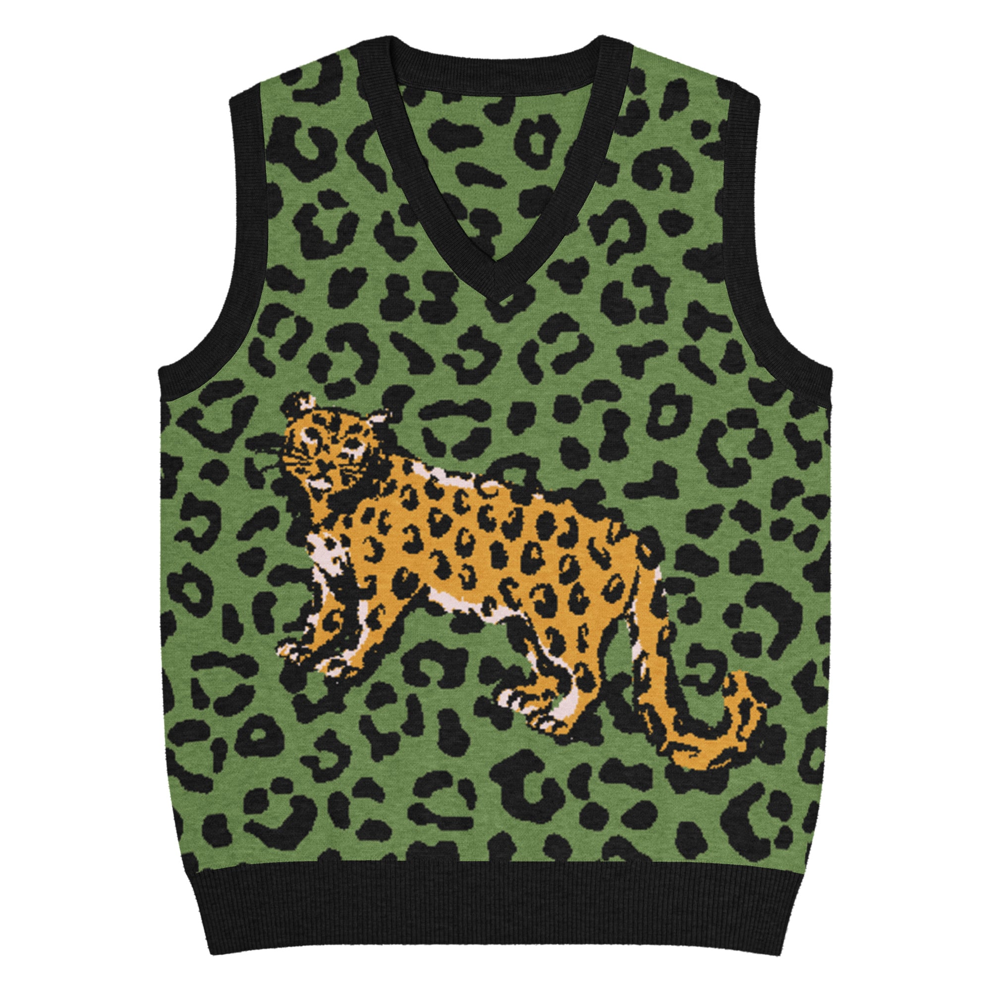 Green Animal Print Knit V-Neck Vest