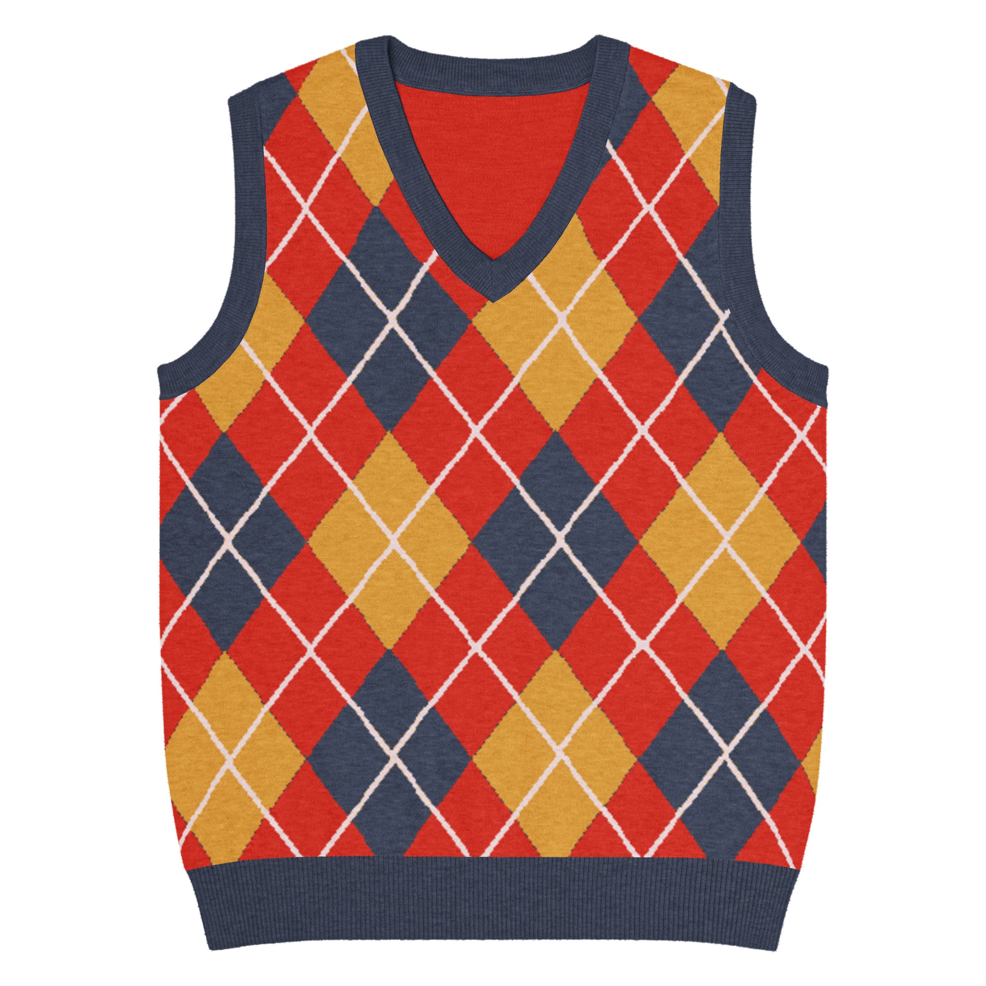 Argyle Knit V-Neck Vest in Red Navy & Mustard