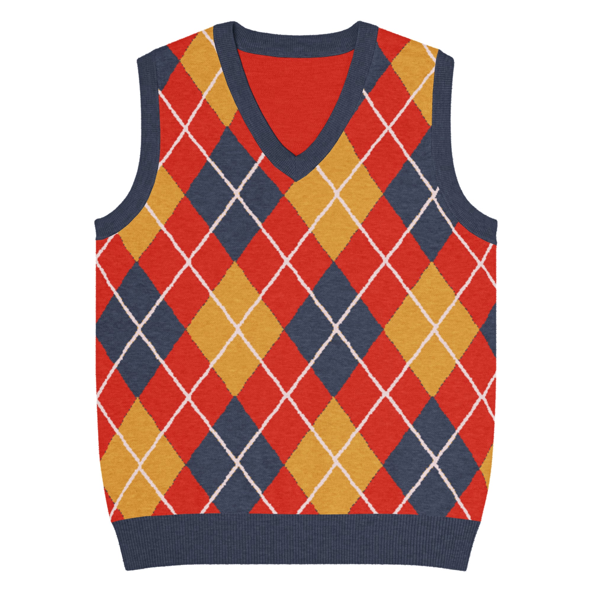 Argyle Knit V-Neck Vest in Red Navy & Mustard - Image 6