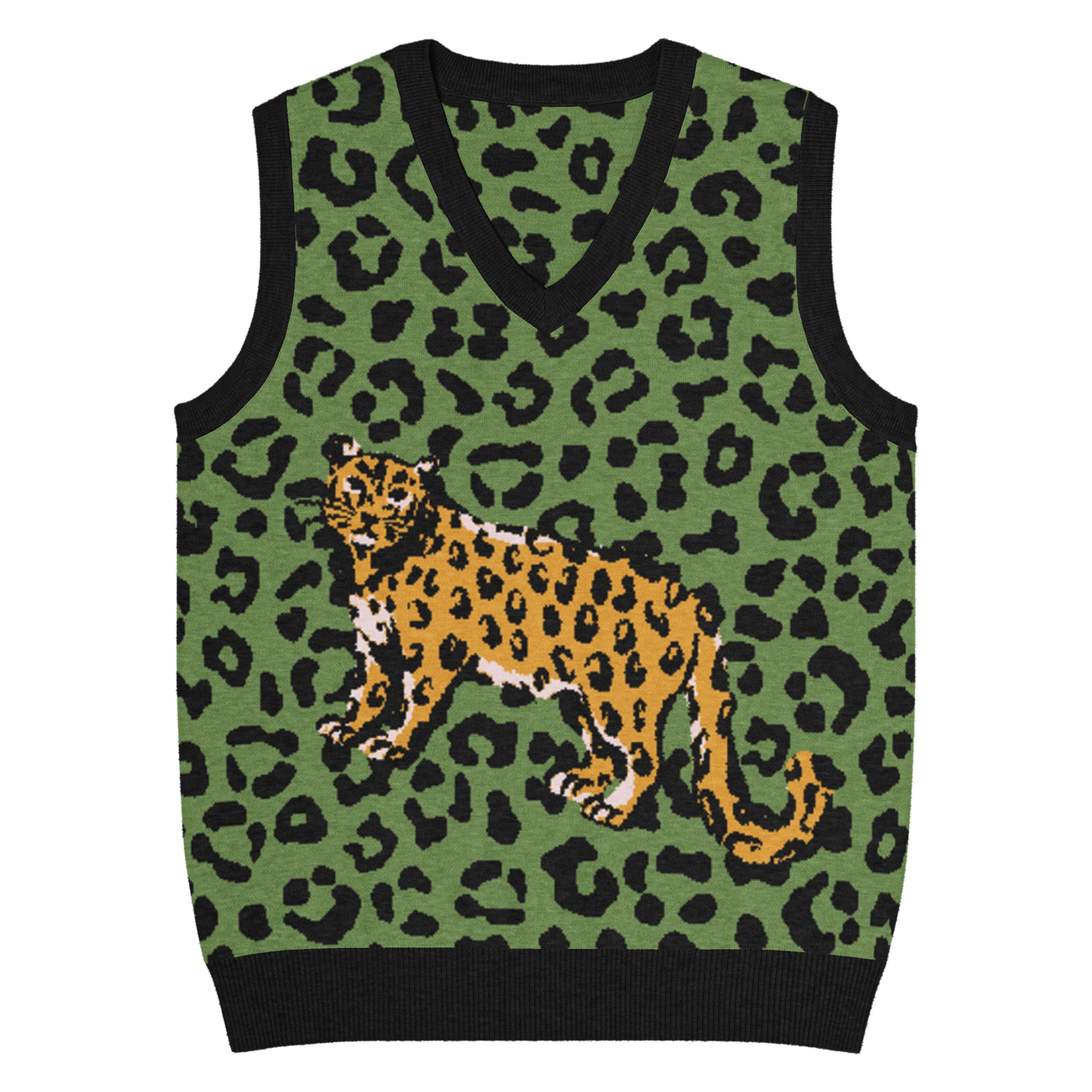 Green Animal Print Knit V-Neck Vest - Image 4