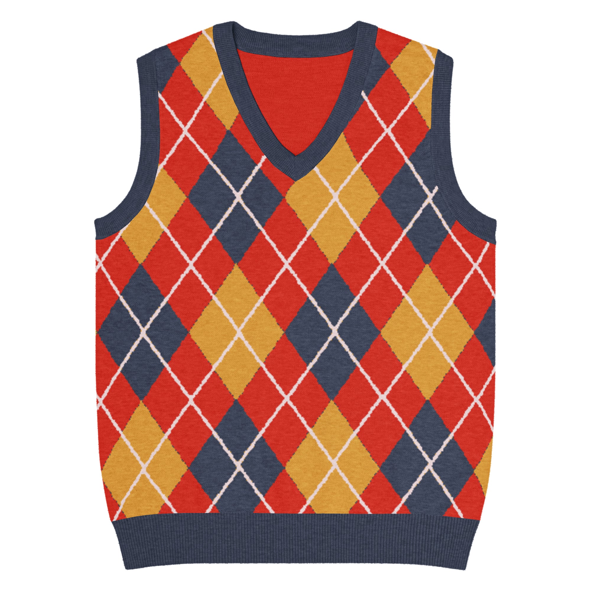 Argyle Knit V-Neck Vest in Red Navy & Mustard - Image 4
