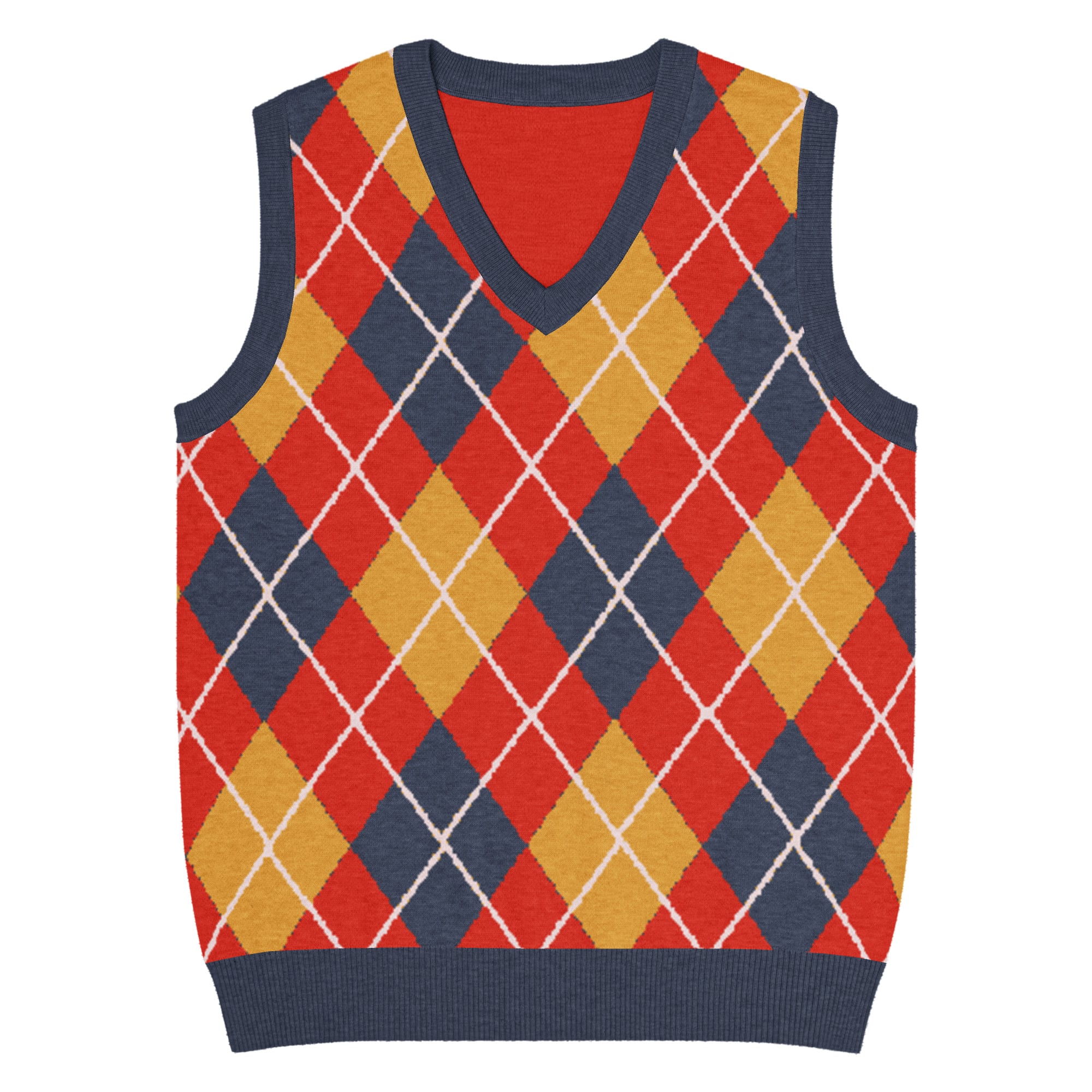 Argyle Knit V-Neck Vest in Red Navy & Mustard - Image 2