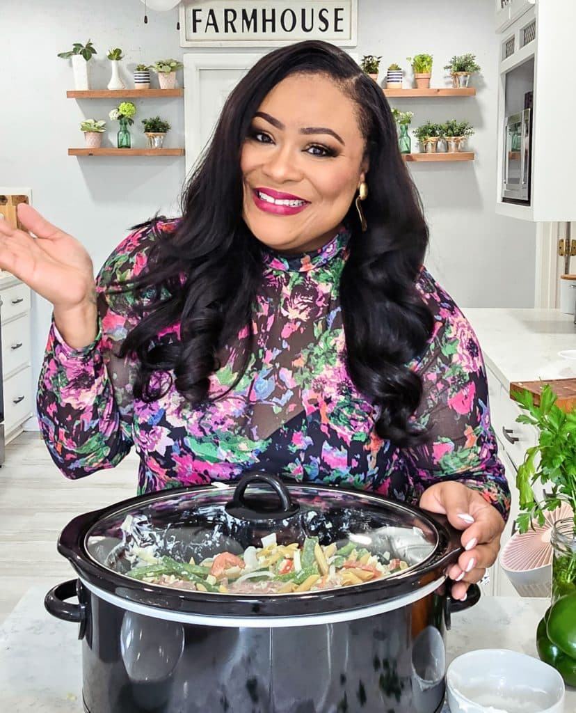 Philly pasta in a black crockpot/slow cooker with a black dietitian nutritionist
beautifuleatsandthings.com