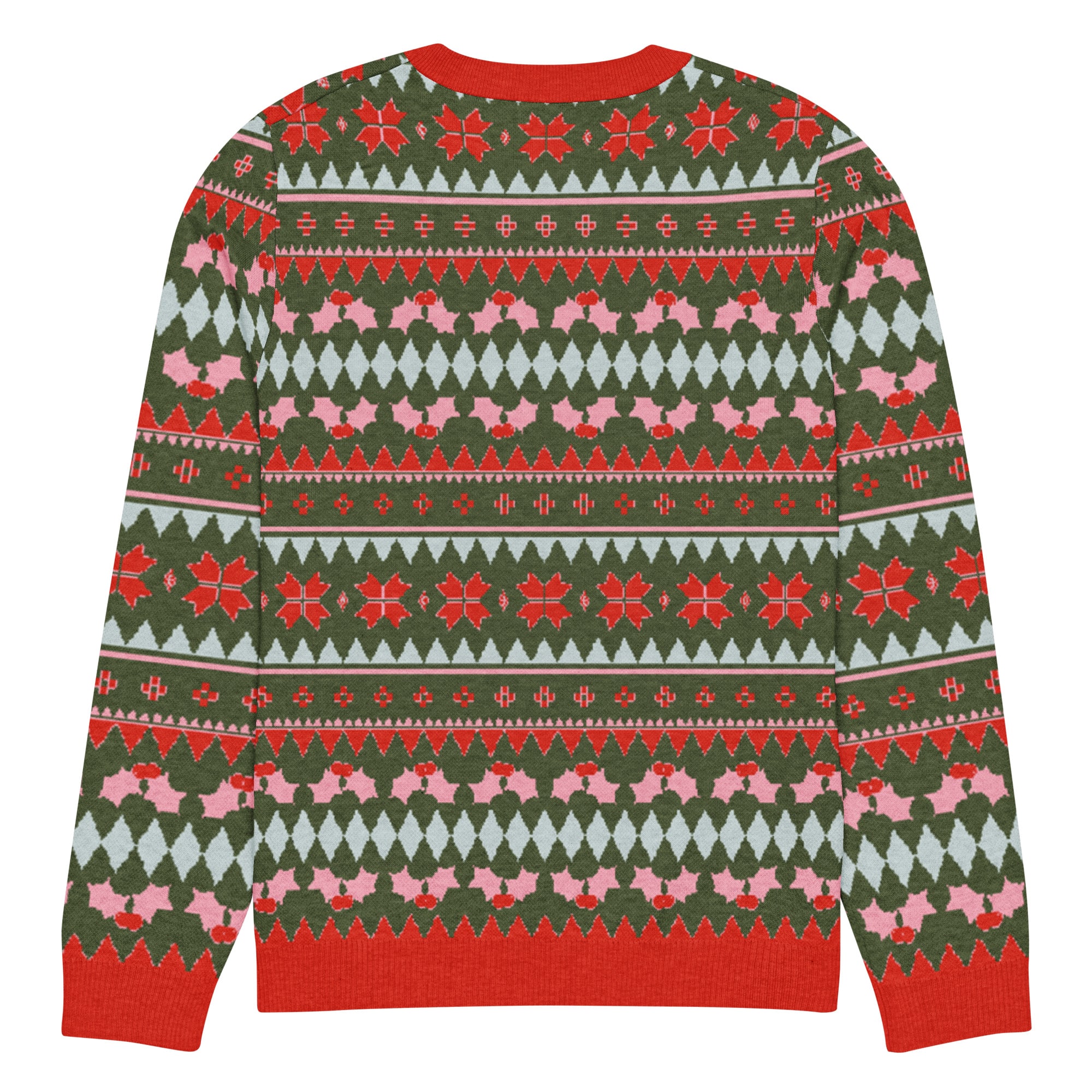 Olive Green, Pink, & Red Snowflake Knitted Crew Neck Sweater - Image 12