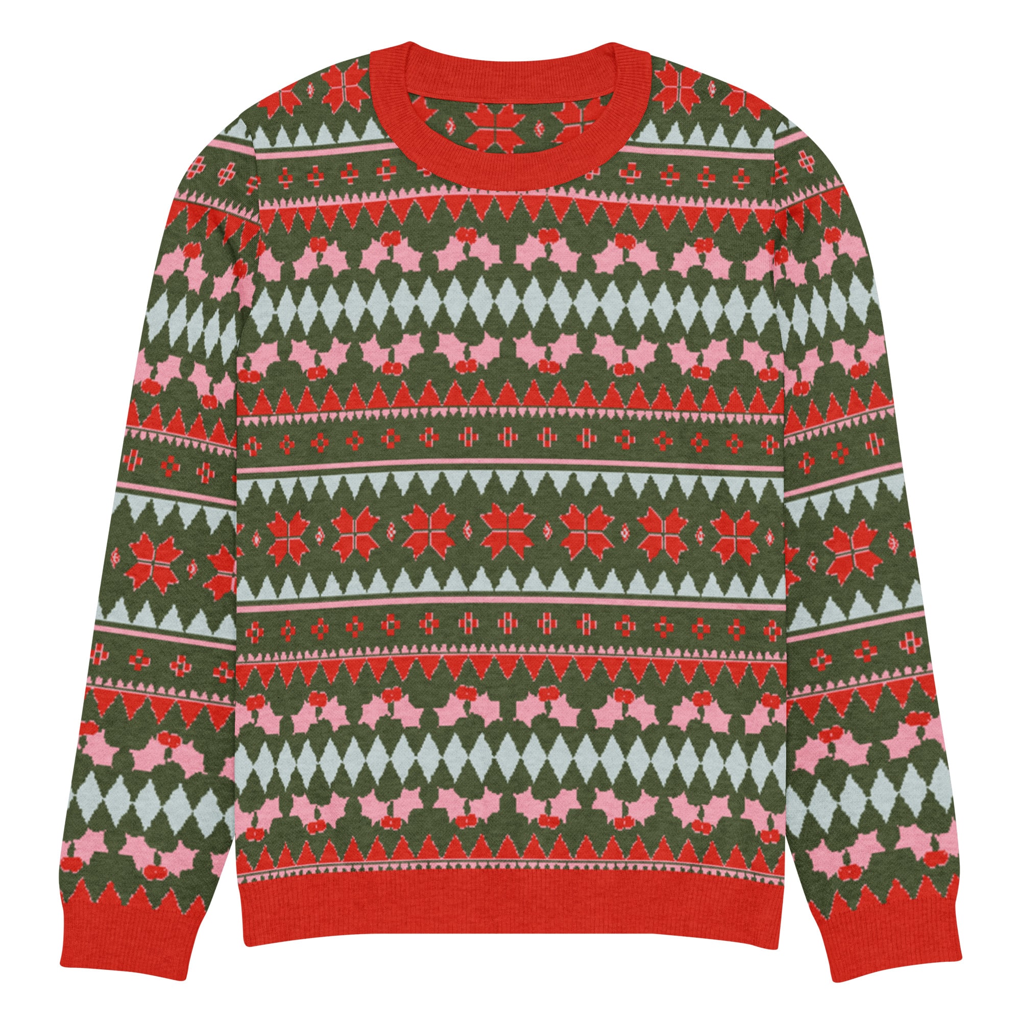 Olive Green, Pink, & Red Snowflake Knitted Crew Neck Sweater - Image 11
