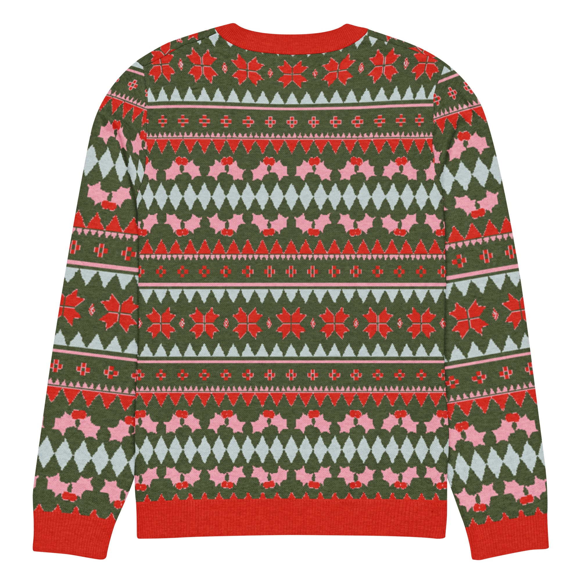 Olive Green, Pink, & Red Snowflake Knitted Crew Neck Sweater - Image 14