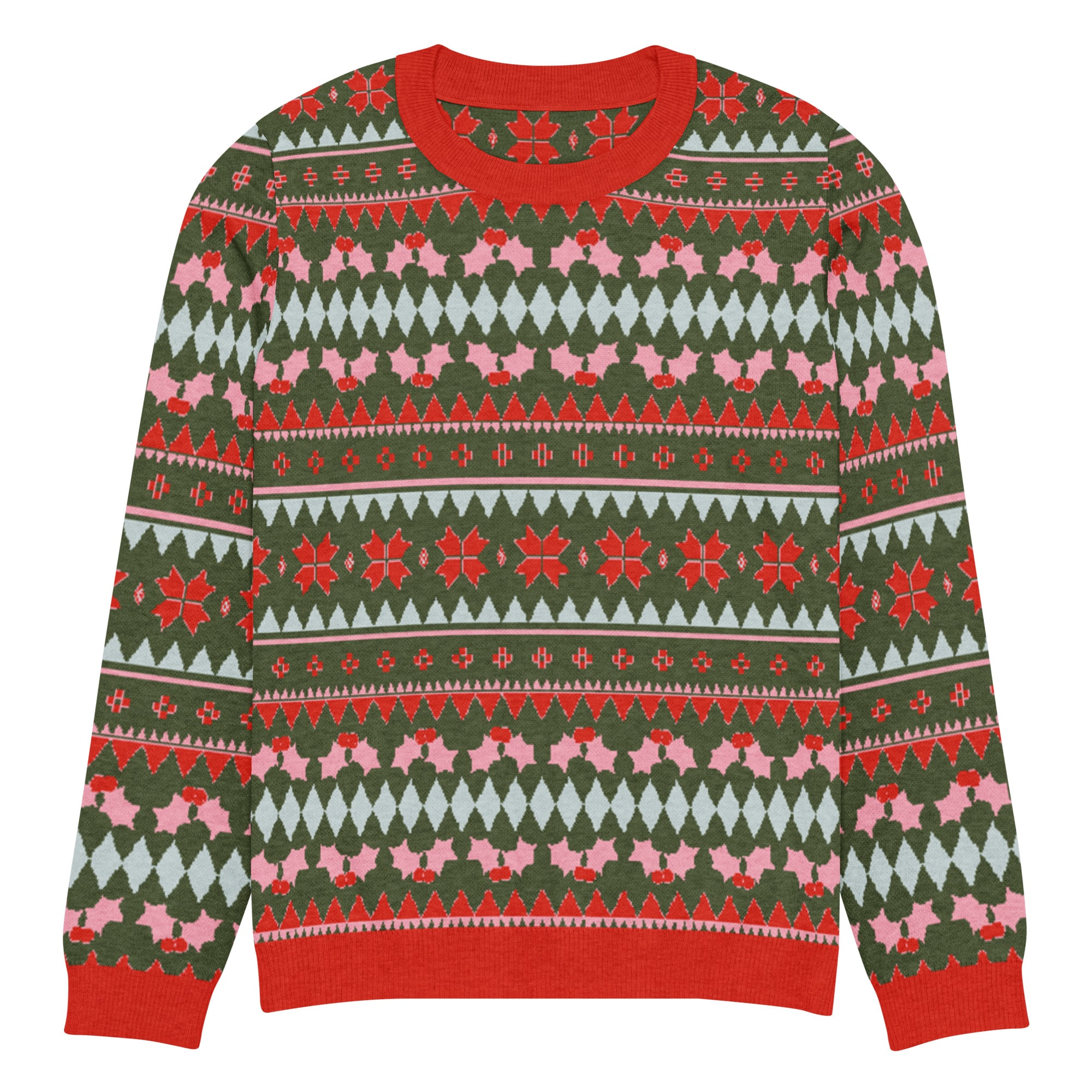Olive Green, Pink, & Red Snowflake Knitted Crew Neck Sweater - Image 13
