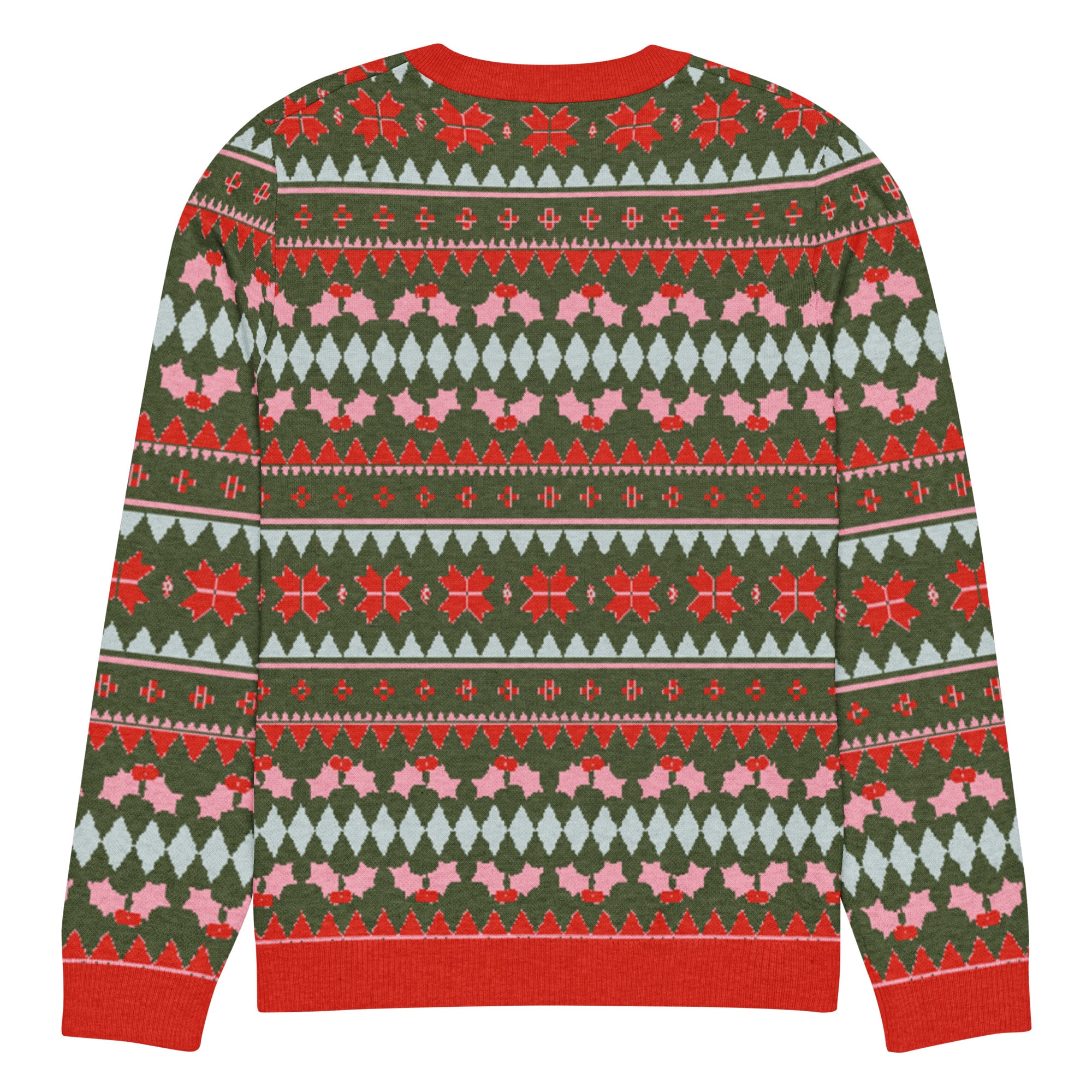 Olive Green, Pink, & Red Snowflake Knitted Crew Neck Sweater - Image 8