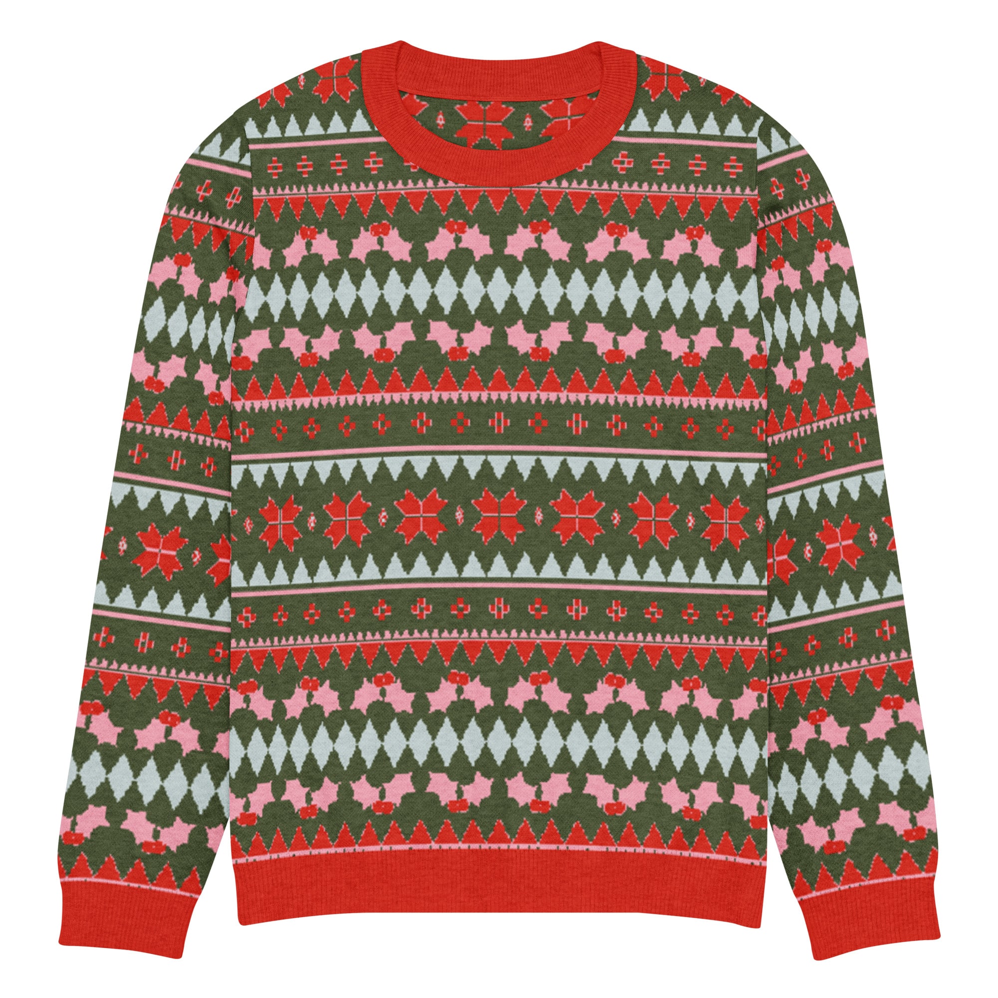 Olive Green, Pink, & Red Snowflake Knitted Crew Neck Sweater - Image 7