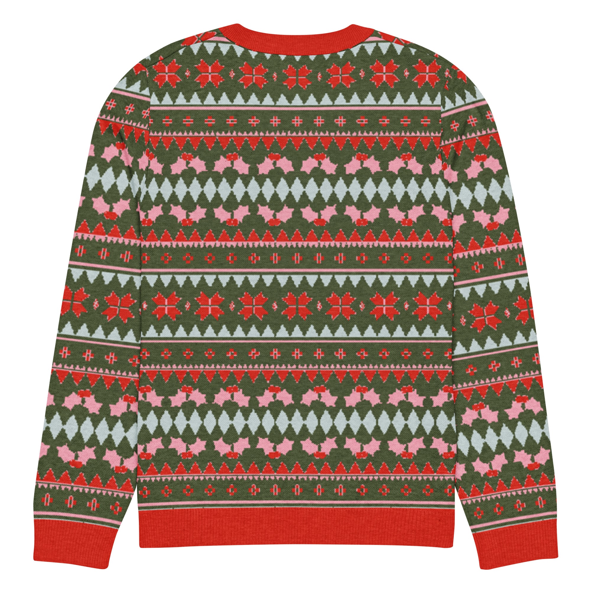 Olive Green, Pink, & Red Snowflake Knitted Crew Neck Sweater - Image 6