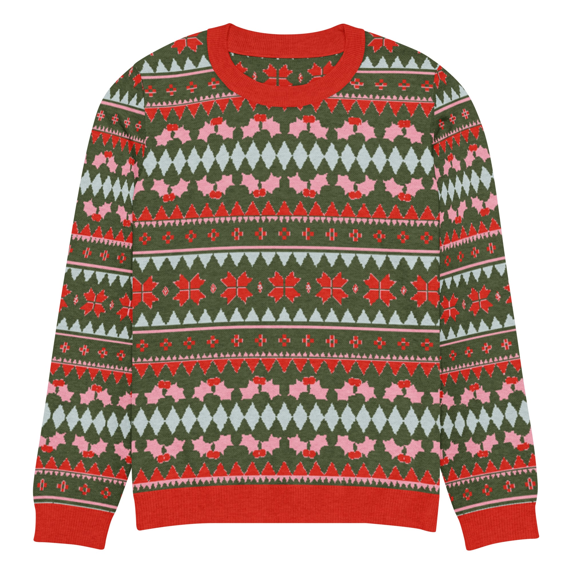 Olive Green, Pink, & Red Snowflake Knitted Crew Neck Sweater - Image 5