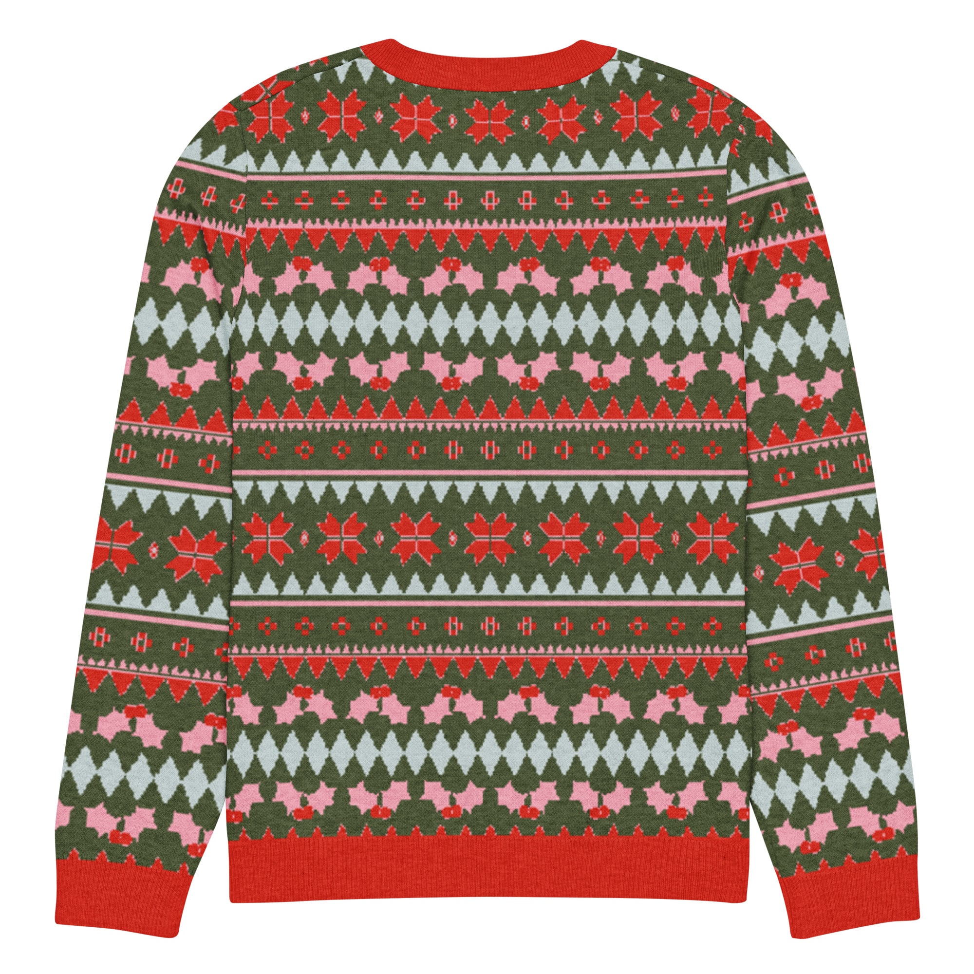 Olive Green, Pink, & Red Snowflake Knitted Crew Neck Sweater - Image 4