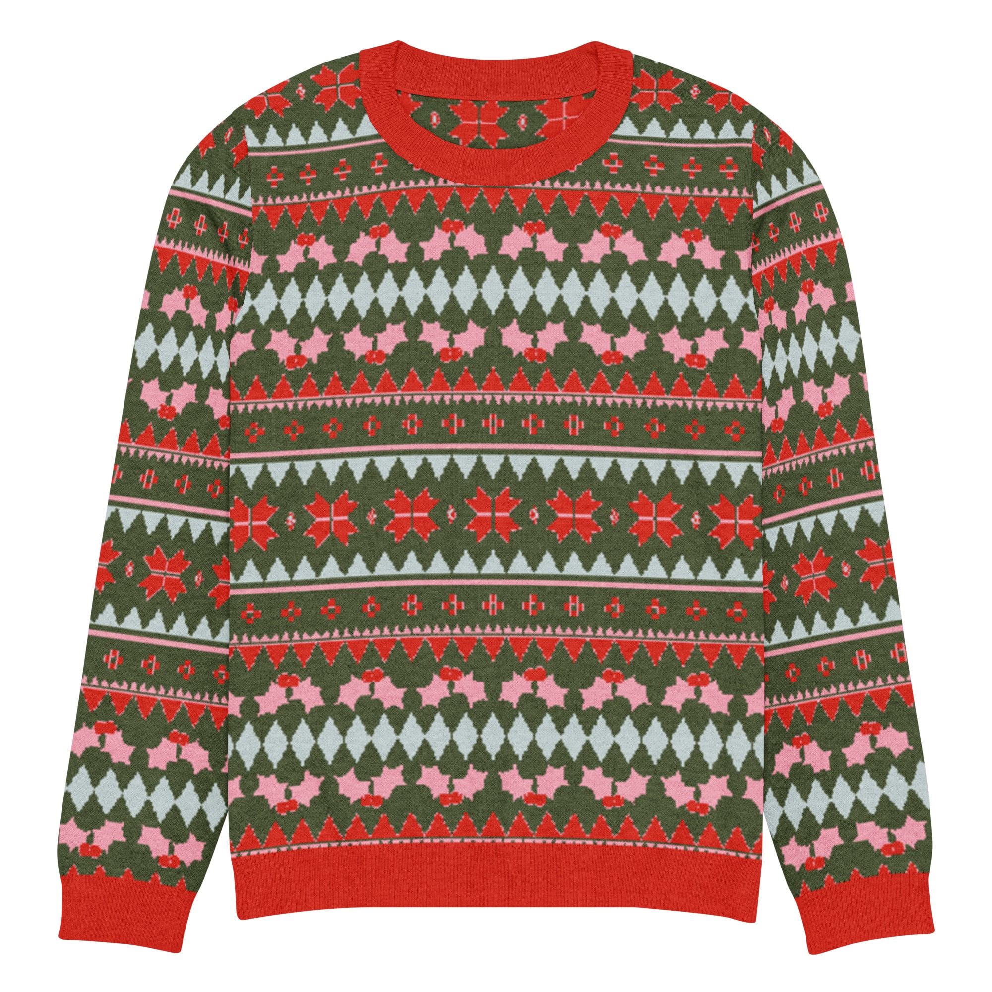 Olive Green, Pink, & Red Snowflake Knitted Crew Neck Sweater - Image 3
