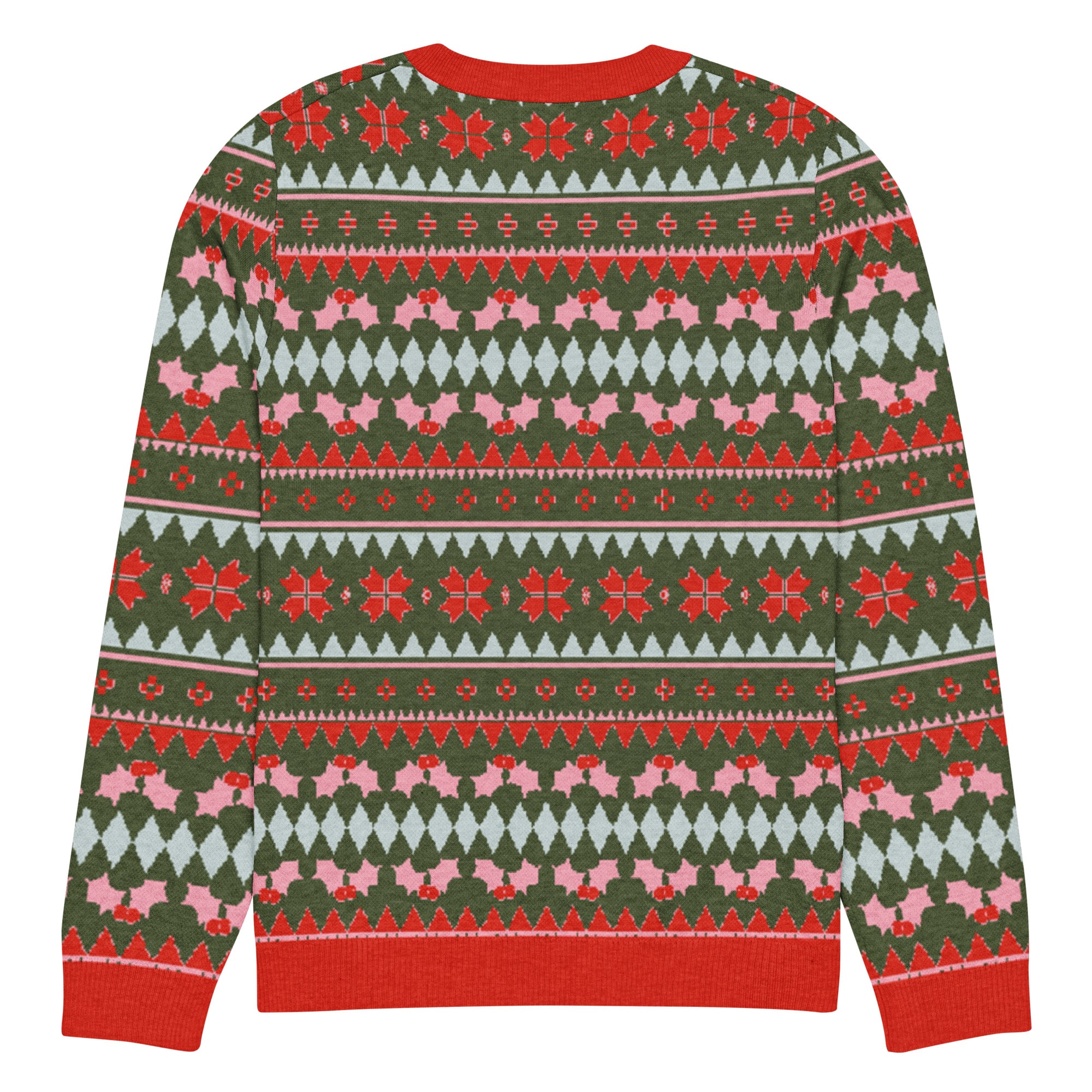 Olive Green, Pink, & Red Snowflake Knitted Crew Neck Sweater - Image 10