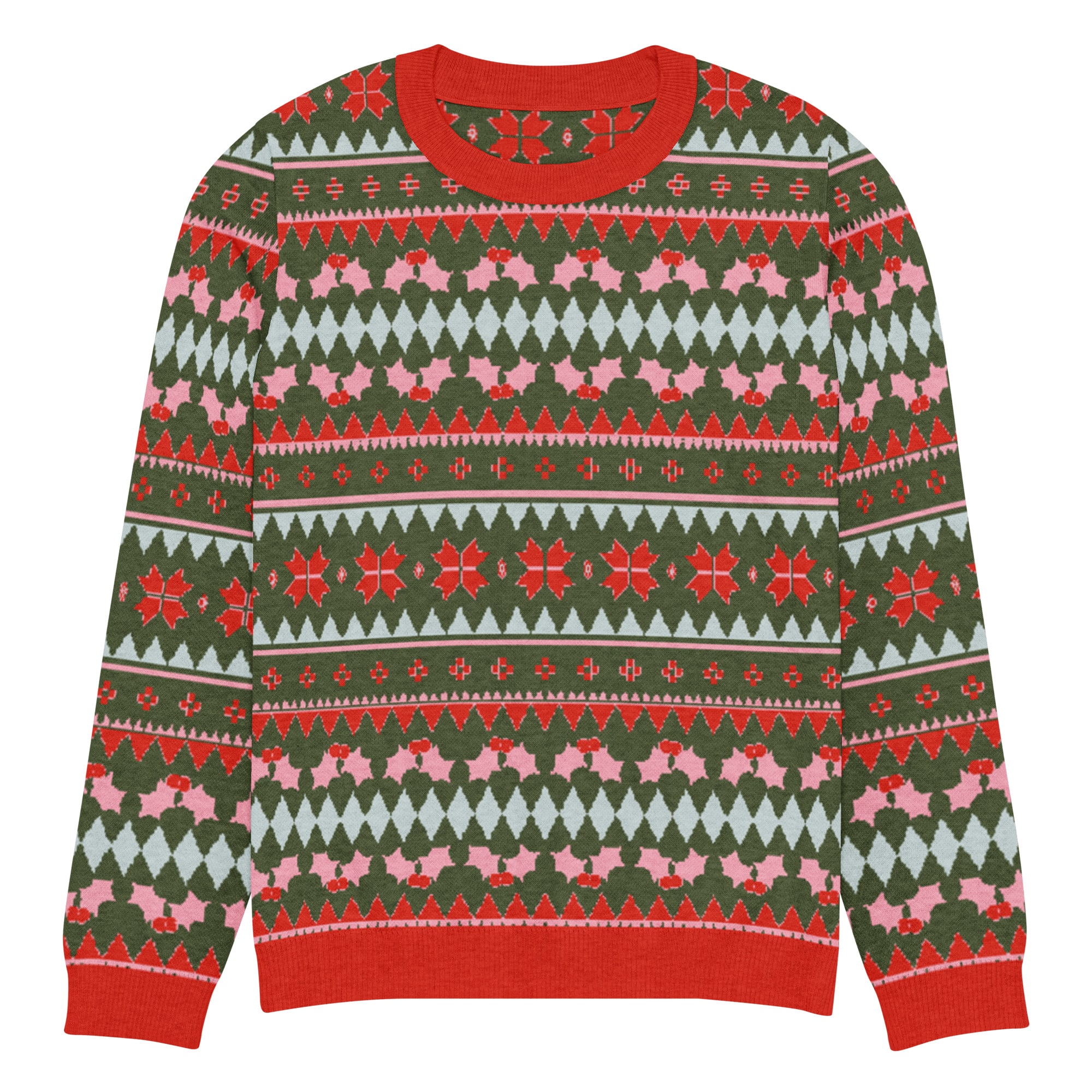 Olive Green, Pink, & Red Snowflake Knitted Crew Neck Sweater - Image 9