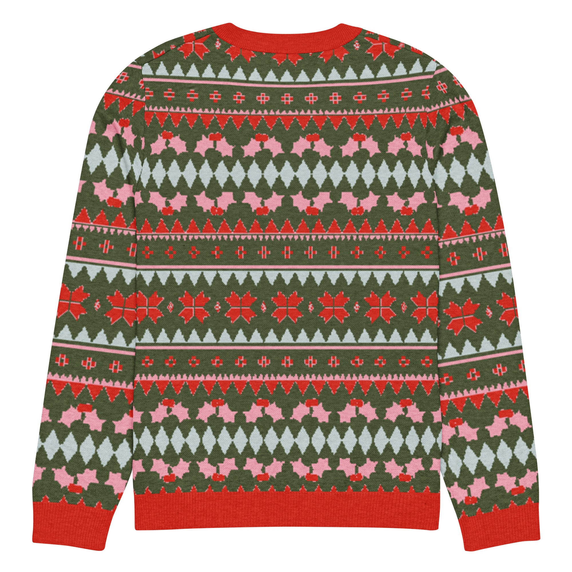 Olive Green, Pink, & Red Snowflake Knitted Crew Neck Sweater - Image 2