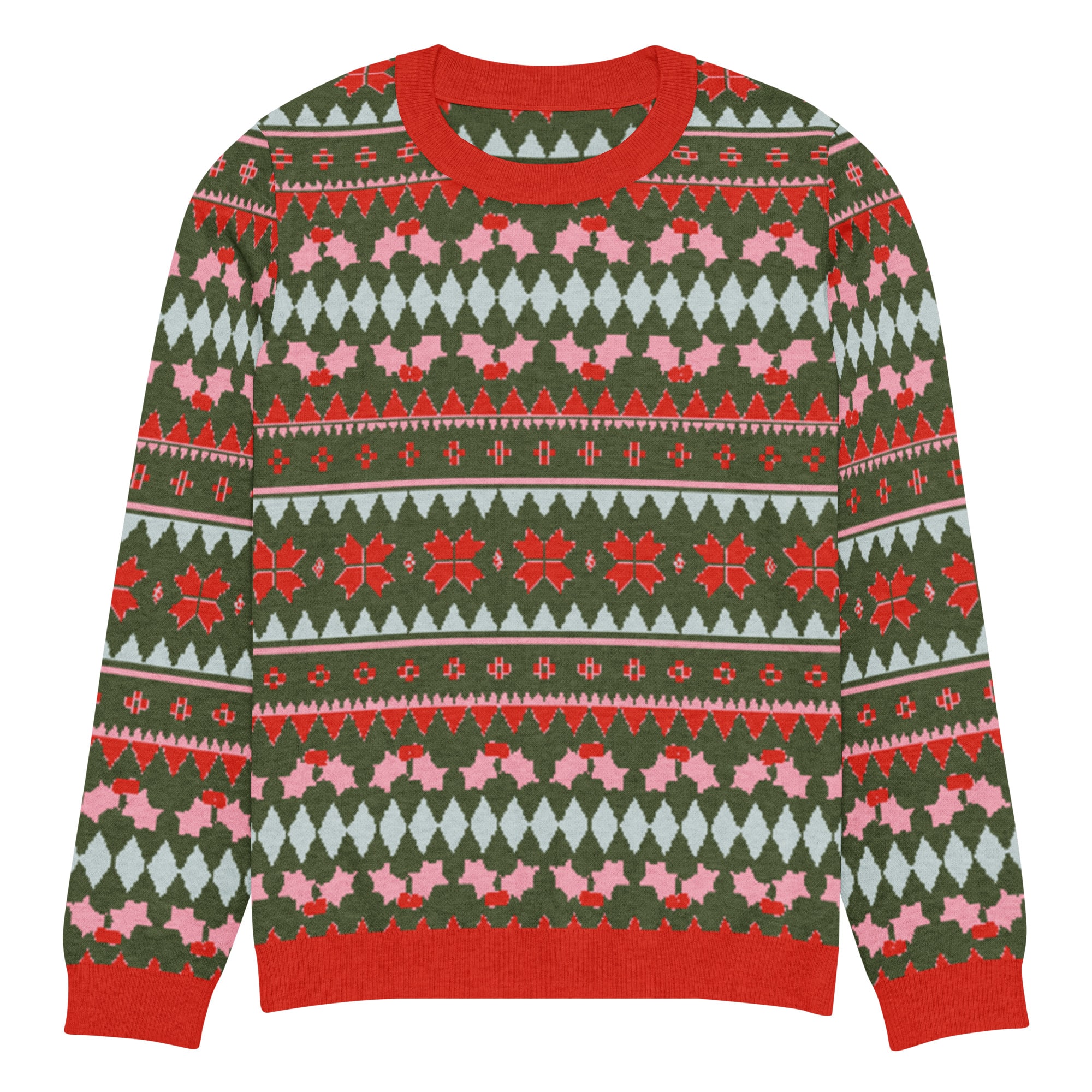 Olive Green, Pink, & Red Snowflake Knitted Crew Neck Sweater