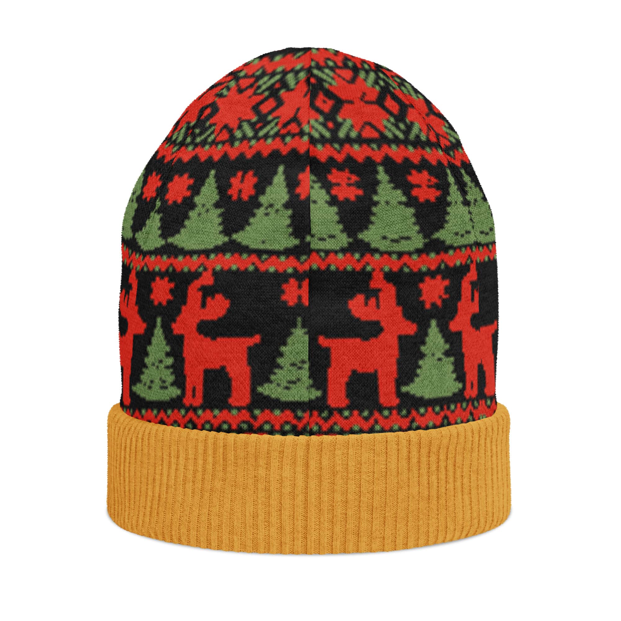 Black, Red and Green Reindeer Print Knitted Beanie - Image 2