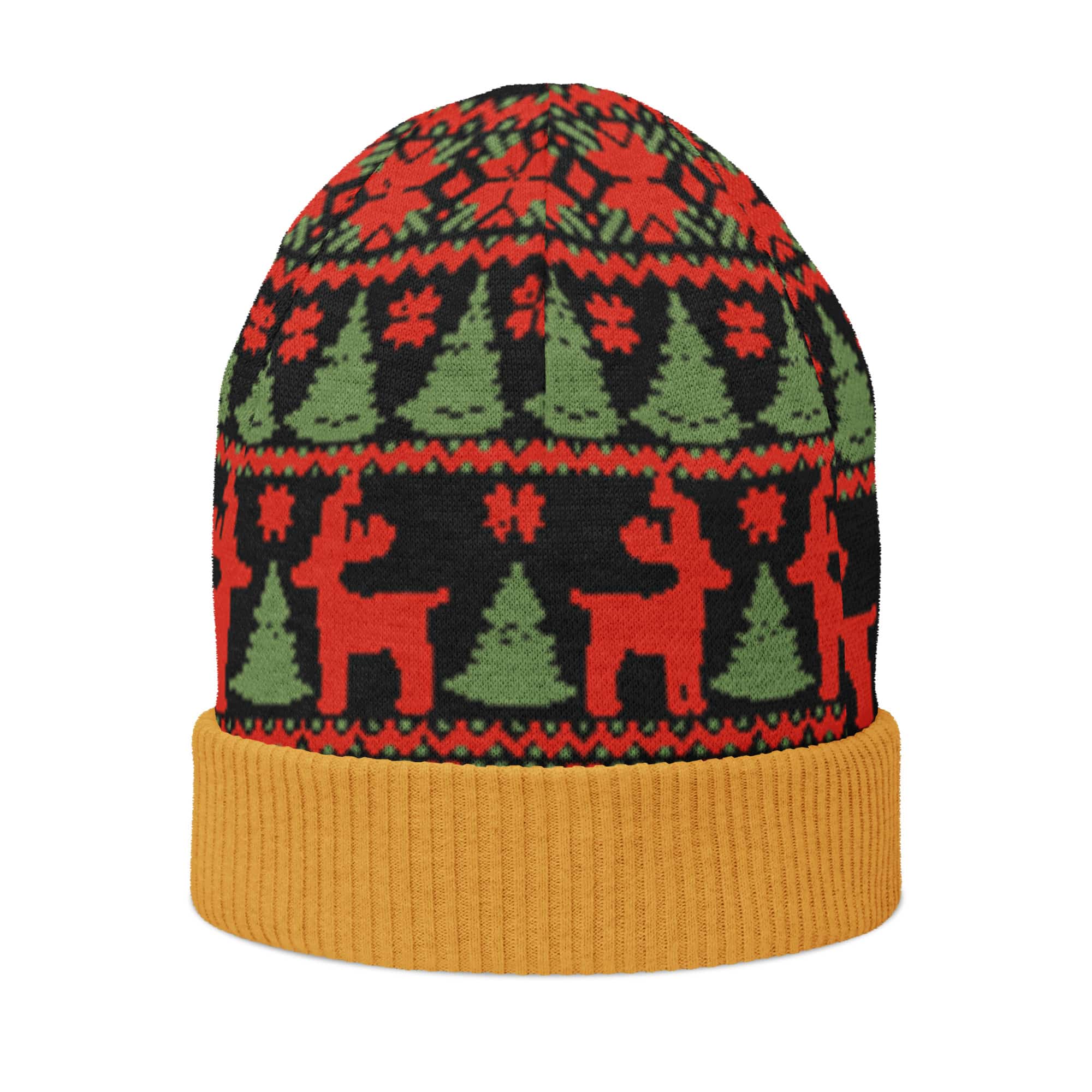 Black, Red and Green Reindeer Print Knitted Beanie