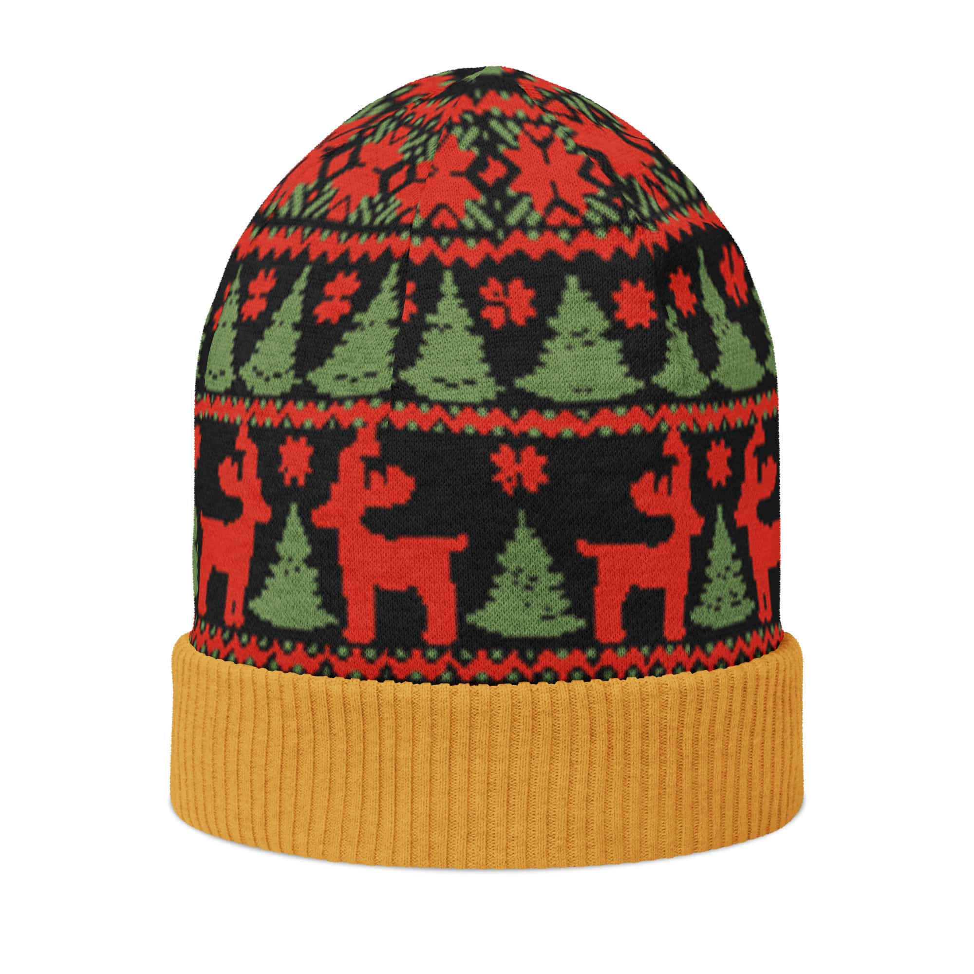 Black, Red and Green Reindeer Print Knitted Beanie - Image 3