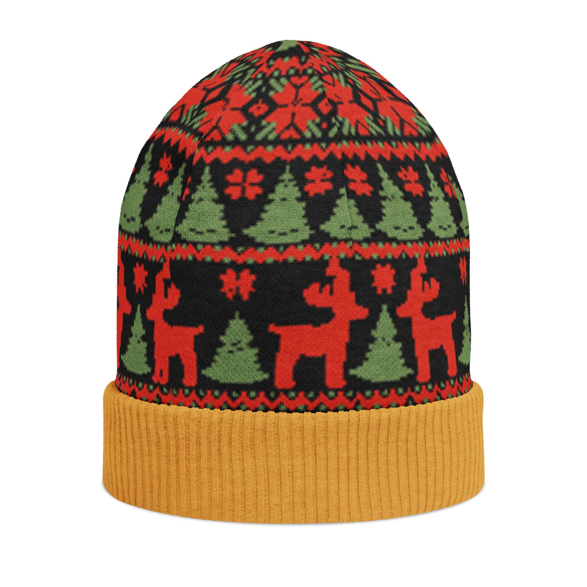 Black, Red and Green Reindeer Print Knitted Beanie - Image 4